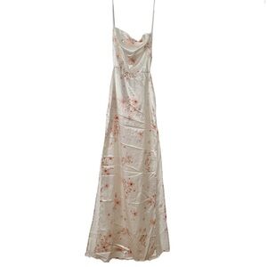 lucy in the sky white champagne and peach pink silk maxi dress, double leg slits